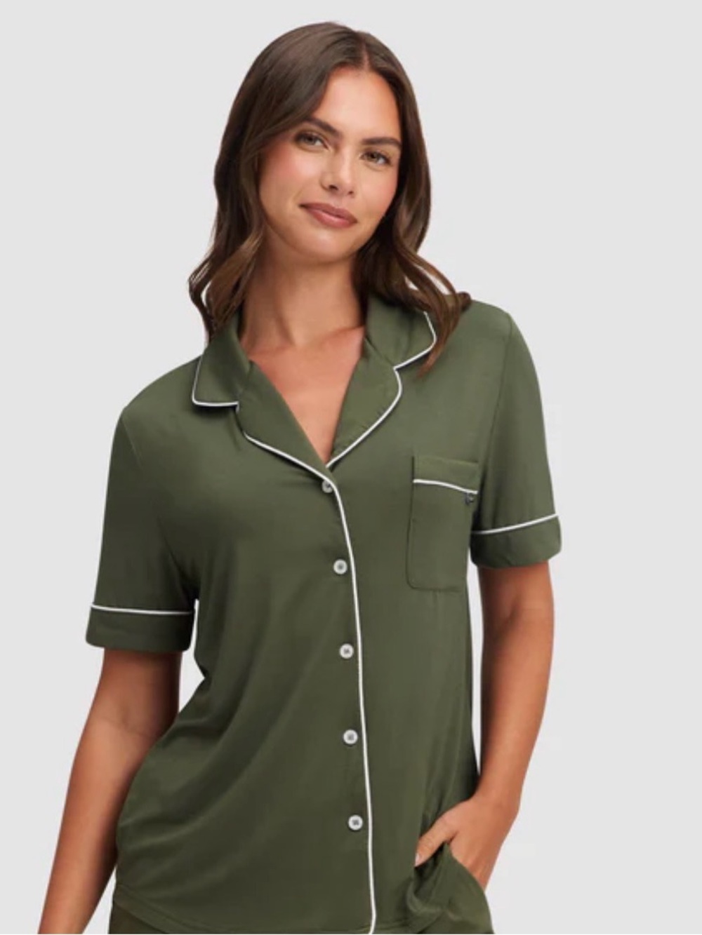 Cozy Earth Bamboo Stretch-Knit Short Sleeve Pajama Top - Olive Green, Size Small